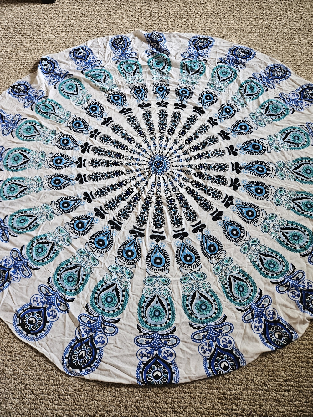 52" Boho Mandala Roundie/ Yoga Mat/ Beach Throw with Blue White Paisley motifs